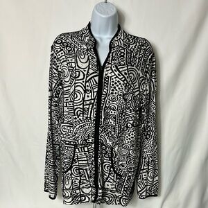 Chico’s Women’s Large Black White Pattern Full Zip Spandex Blend Sweat Jacket